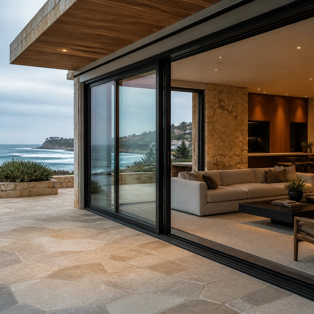 Sydney beachfront residence with marine-grade dark bronze triple-glazed lift-and-slide doors opening toward the ocean