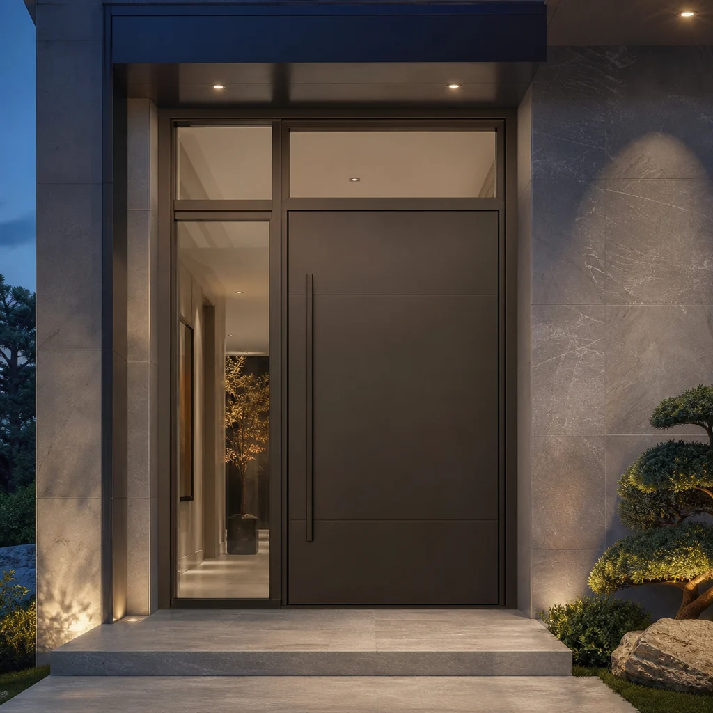 Contemporary villa entrance with an oversized dark bronze aluminum entrance door, sidelights and transom glazing