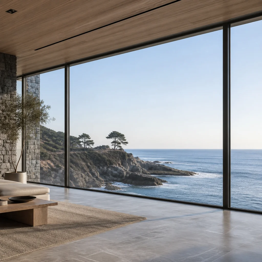 Coastal villa living space with large thermally broken fixed aluminum picture windows framing an ocean view