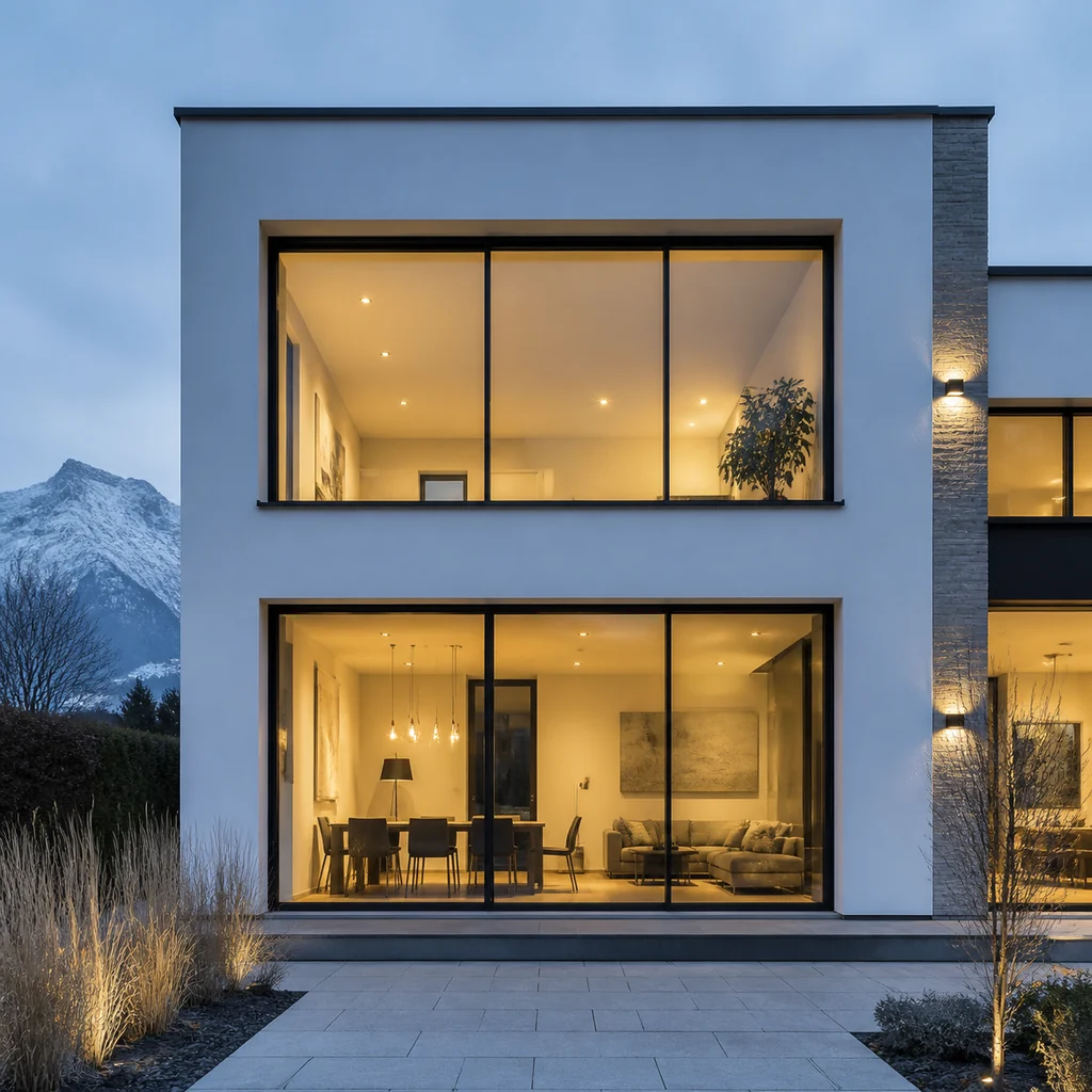 Minimalist cold-climate villa with ultra-slim dark aluminum window frames and large triple-glazed openings