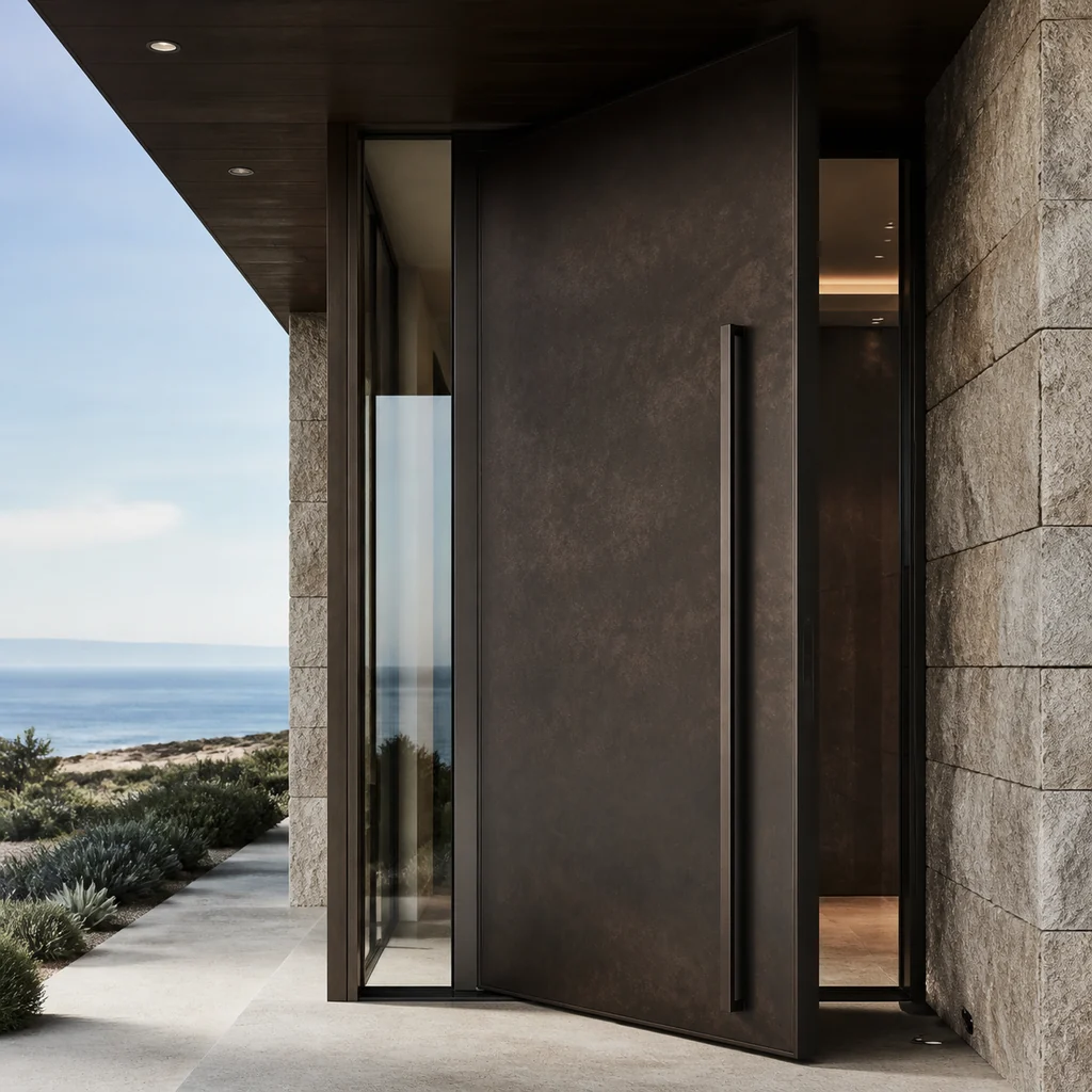 Oceanfront contemporary villa with a tall marine-grade aluminum pivot entrance door and sheltered stone entry