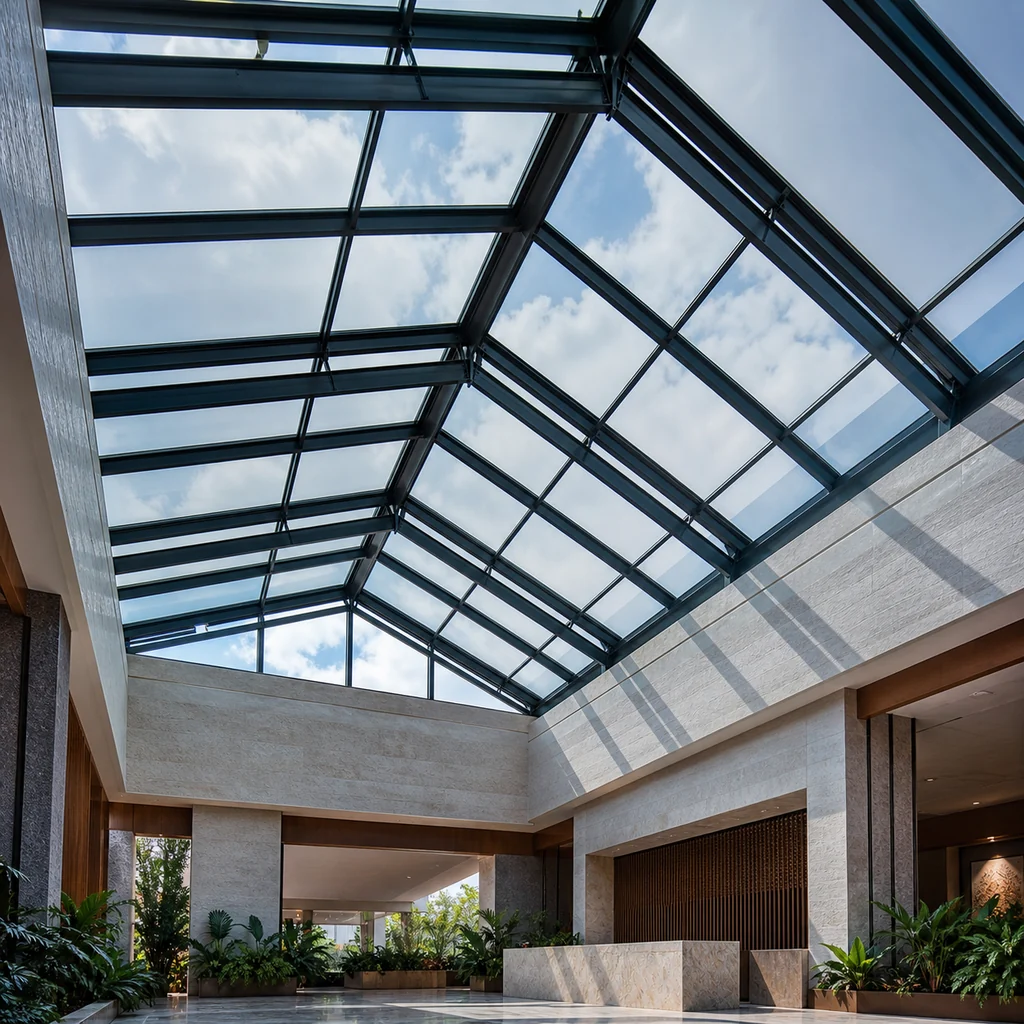 Modern hospitality atrium illuminated by a large thermally broken aluminum framed glazed skylight