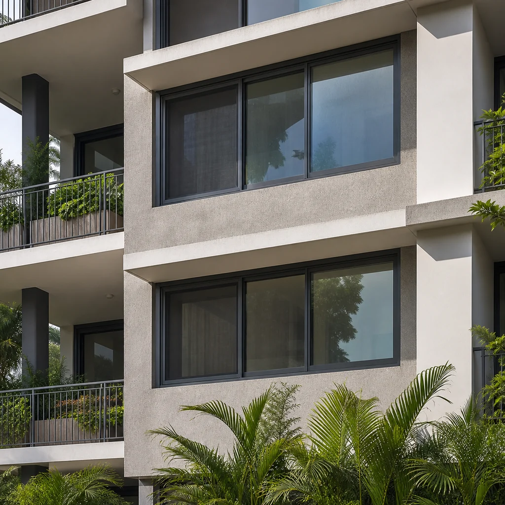 Contemporary tropical apartment facade with horizontal aluminum sliding windows and integrated insect screens
