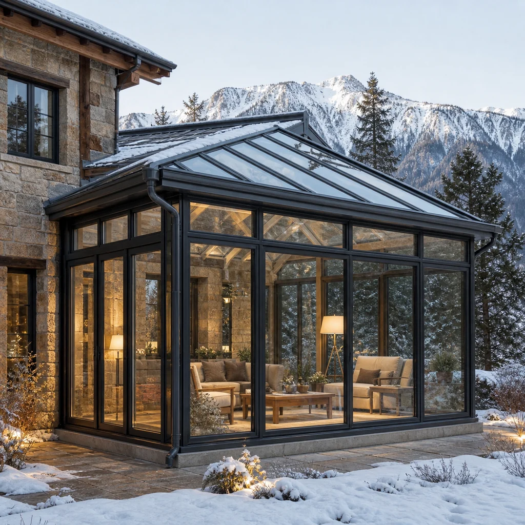 Mountain residence with a thermally broken aluminum glass sunroom and insulated glazed roof in winter landscape
