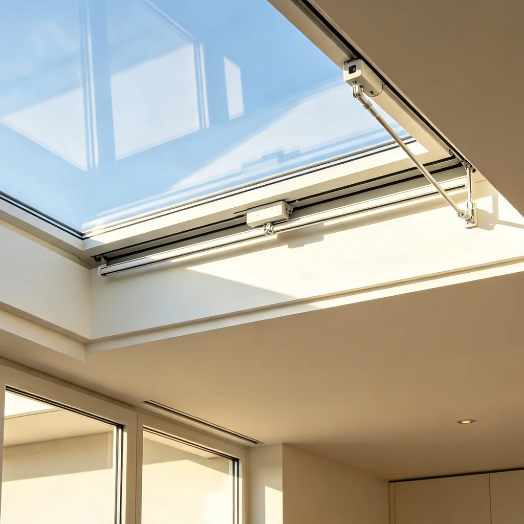 Automated clerestory window at high position with motorized opening, aluminum high window — StarveilBuild
