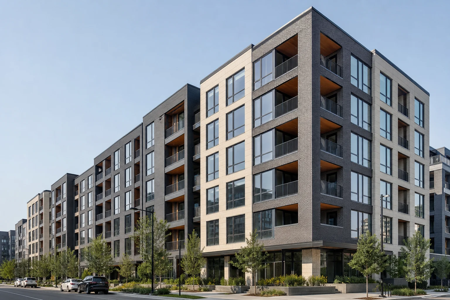 Multi-family apartment with aluminum window bays