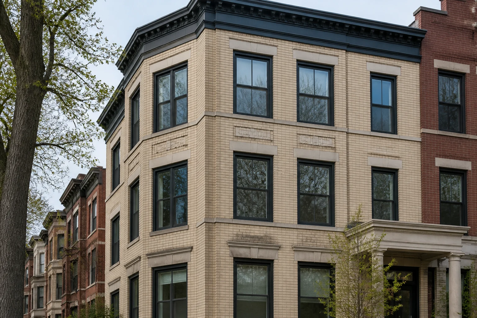 Facade with aluminum replacement windows