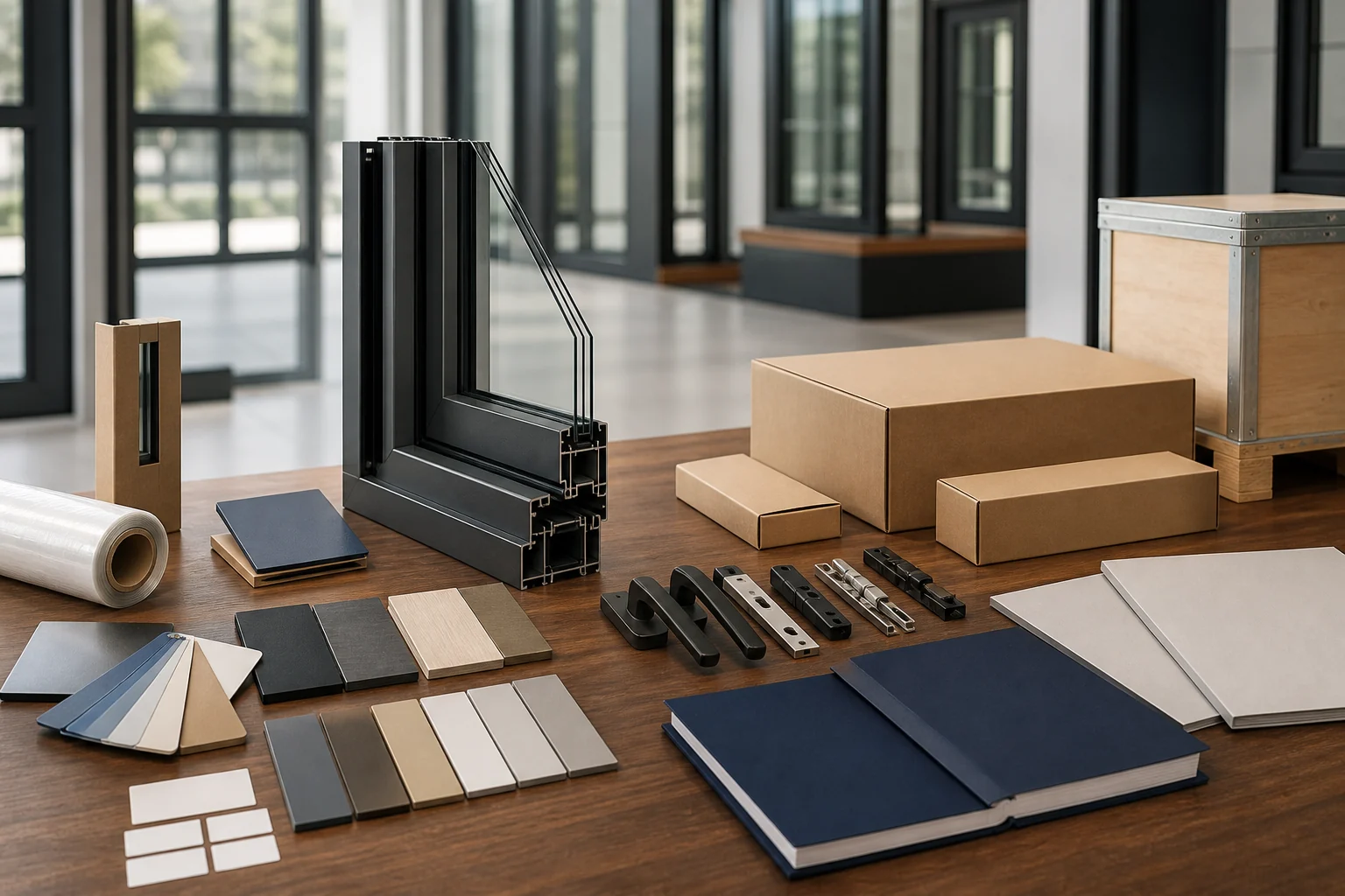Unbranded OEM aluminum window launch kit with profile sample, finish swatches, hardware and packaging