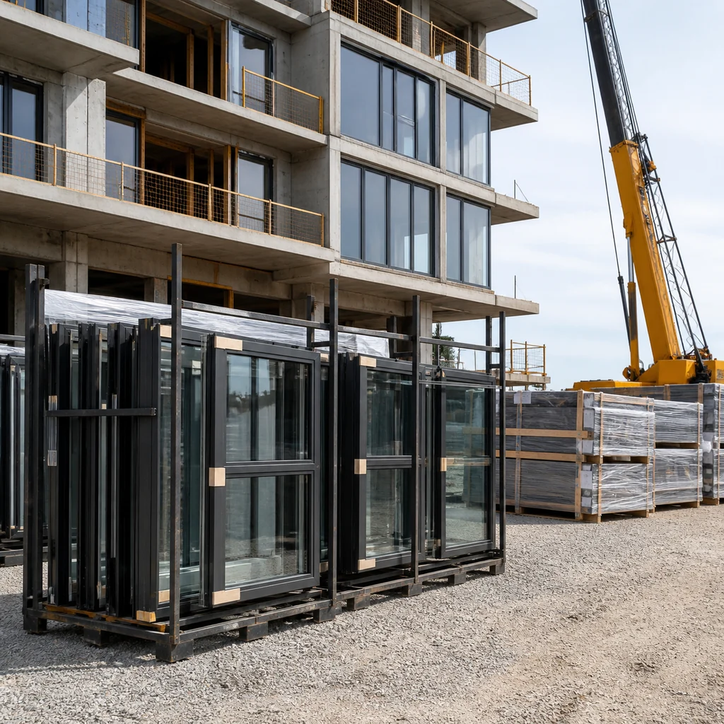 Batch aluminum window systems organized for staged installation at a multi-storey residential construction project