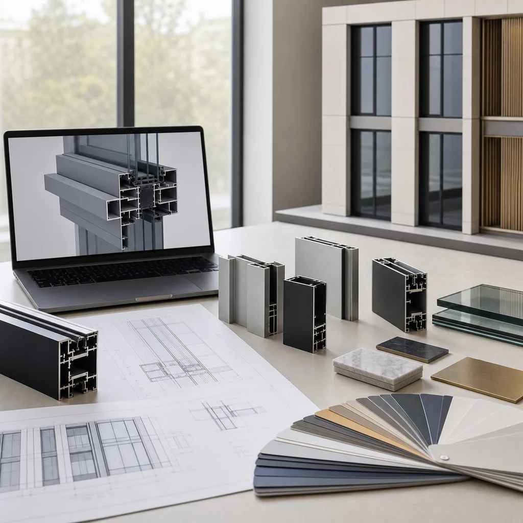 Architectural specification workspace with aluminum profile sections, facade drawings, glazing samples and color finishes