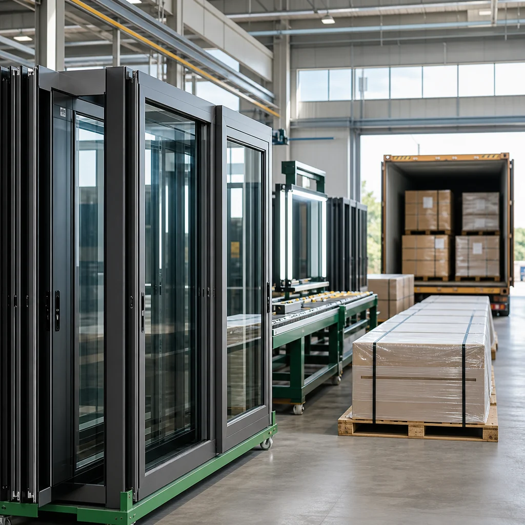 OEM aluminum window production line with finished systems, protective packaging and export loading area