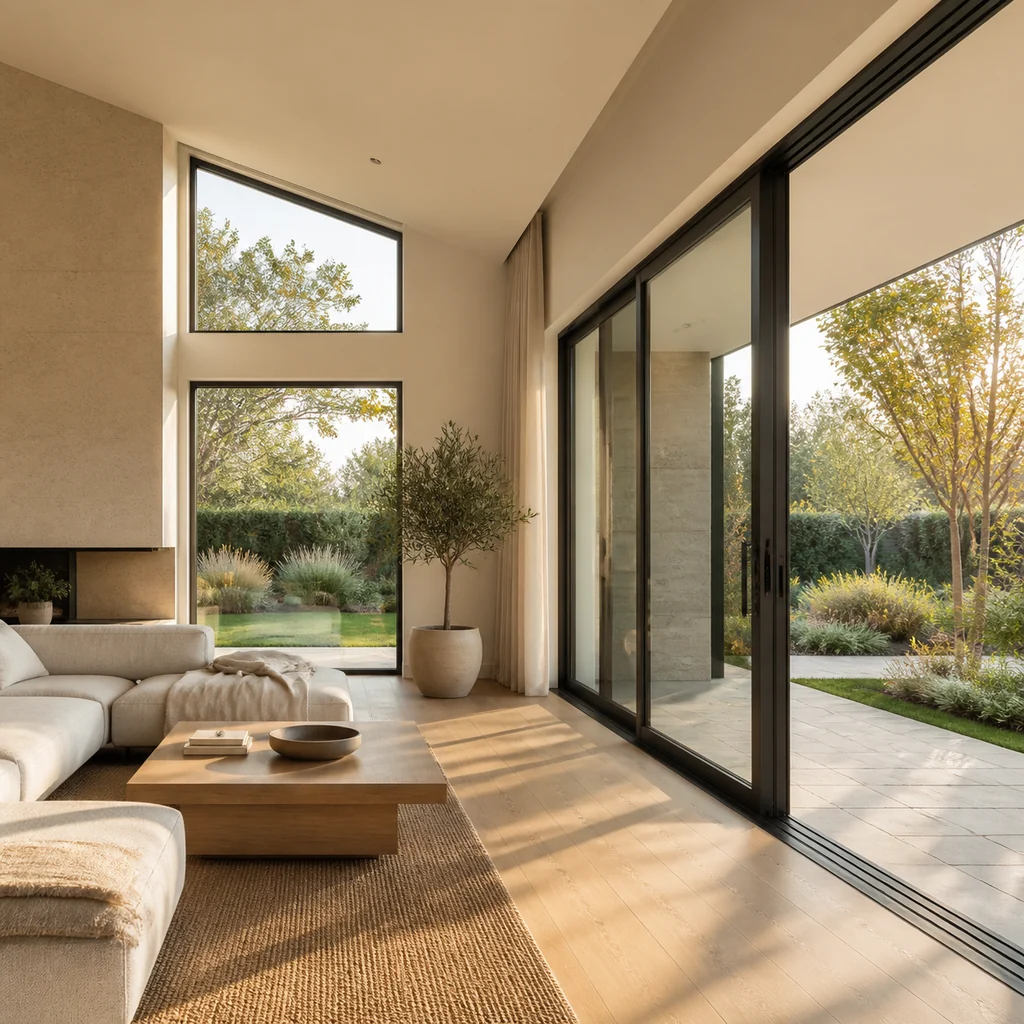 Completed contemporary home with custom slim-frame aluminum windows and lift-slide doors opening to a landscaped garden